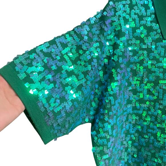 NWT Essentiel Antwerp Sequin Glitz Polo Top Short Sleeve Hulk Green Womens XS - Picture 4 of 11
